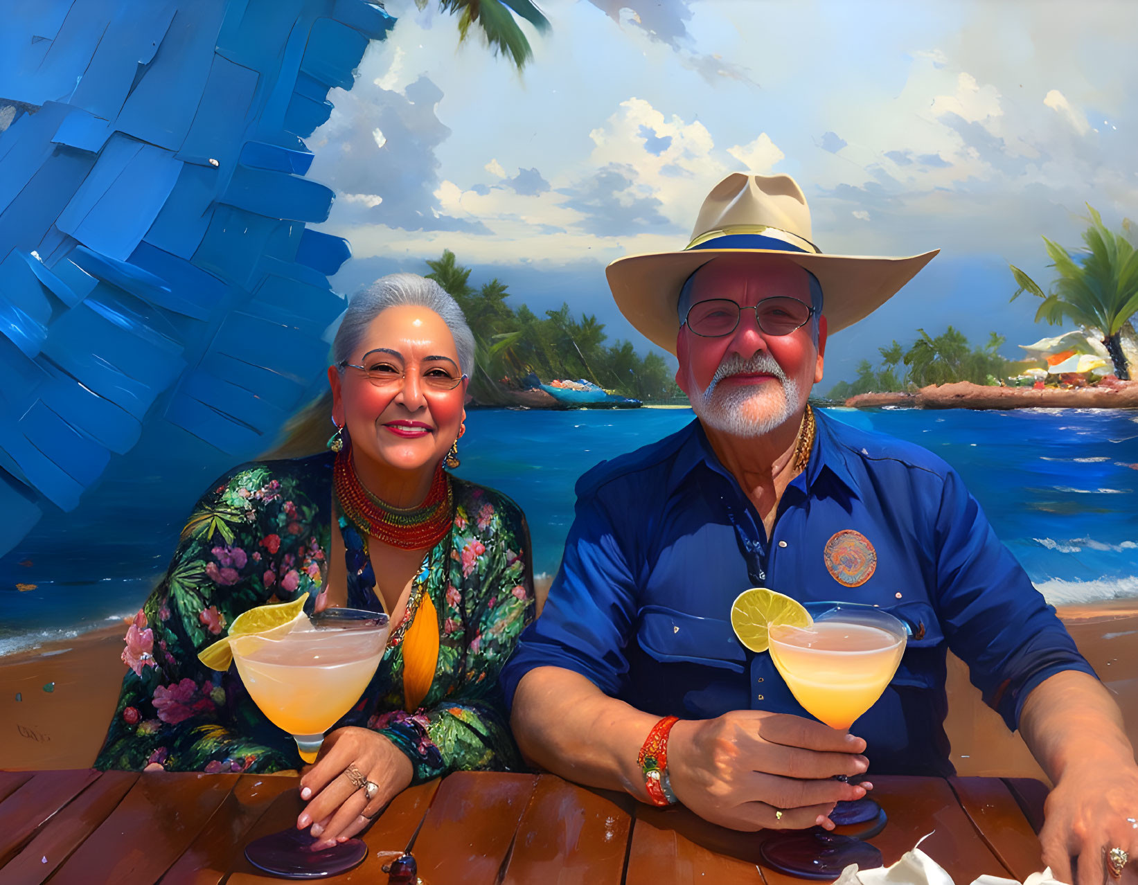 Elderly Couple Relaxing on Sunny Beach with Tropical Drinks