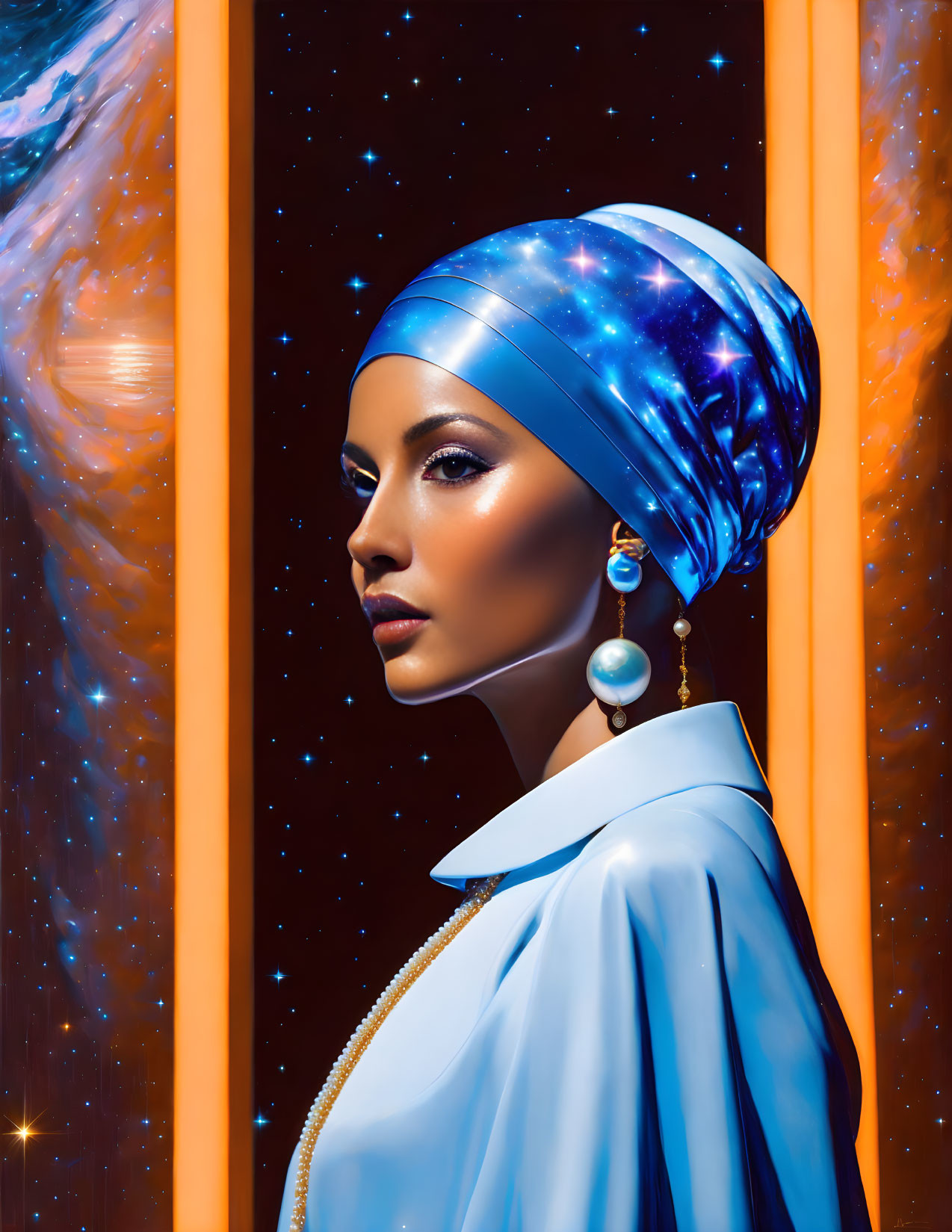 Galaxy-themed headwrap and earrings on woman against cosmic backdrop