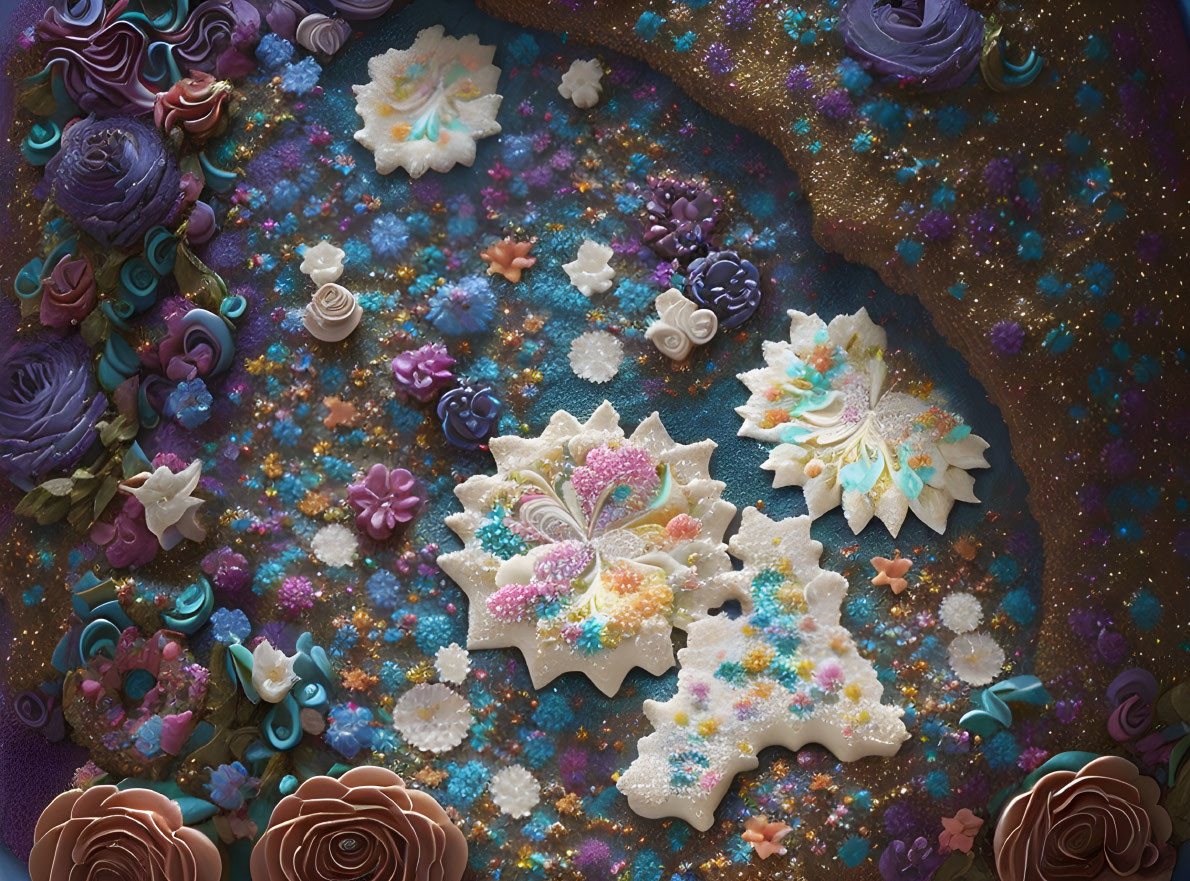 Intricately Decorated Floral and Celestial Cookies on Cosmic Background