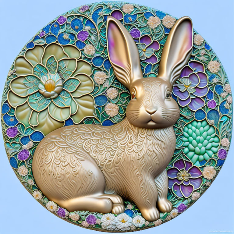 Circular Relief Sculpture: Golden Rabbit Amid Colorful Florals on Blue