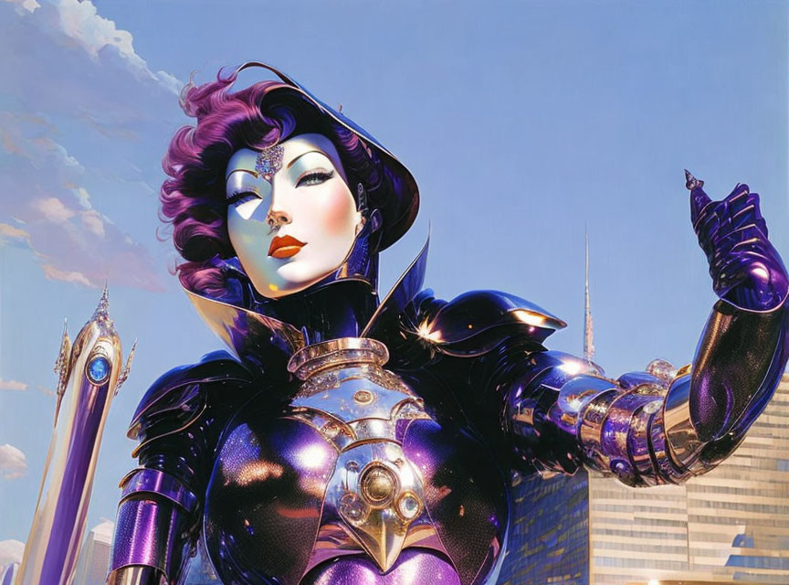 Futuristic woman in purple armor against cityscape and blue skies