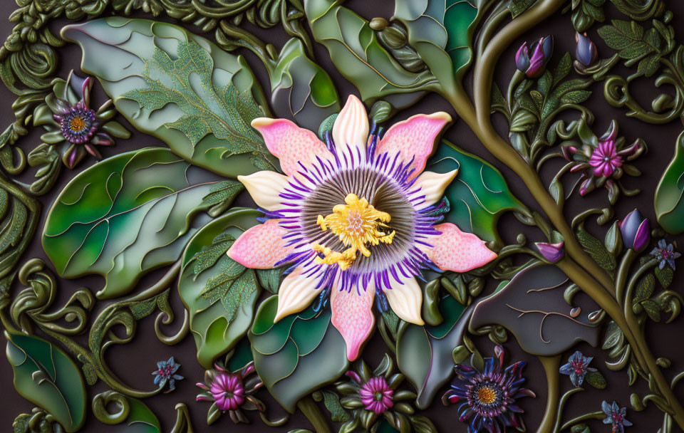 Detailed bas-relief sculpture of passion flower and foliage with vibrant colors