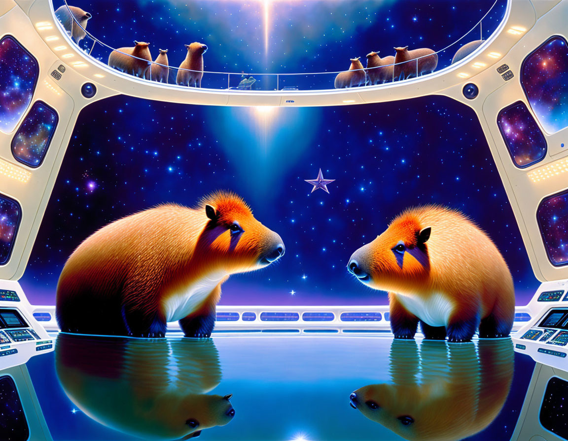 Capybaras in spaceship cockpit with cosmic backdrop and bright star, more on upper deck