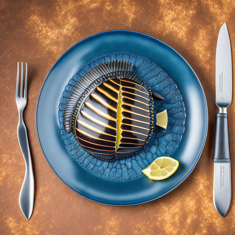 Grilled fish steak with lemon on blue plate, fork and knife, golden glittery backdrop