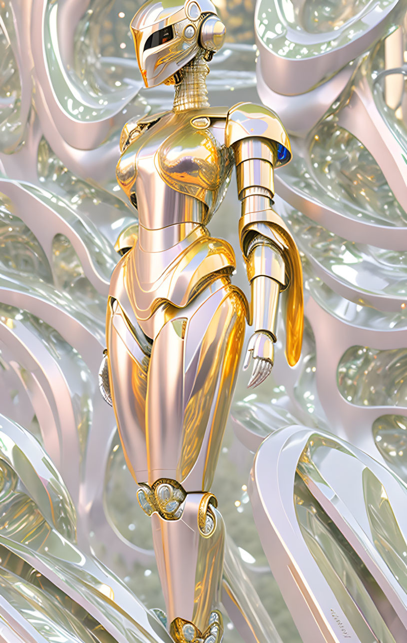 Futuristic golden humanoid robot in swirling reflective patterns