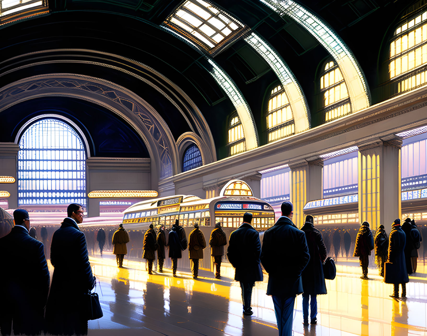 Sunlit Train Station with Silhouetted Individuals