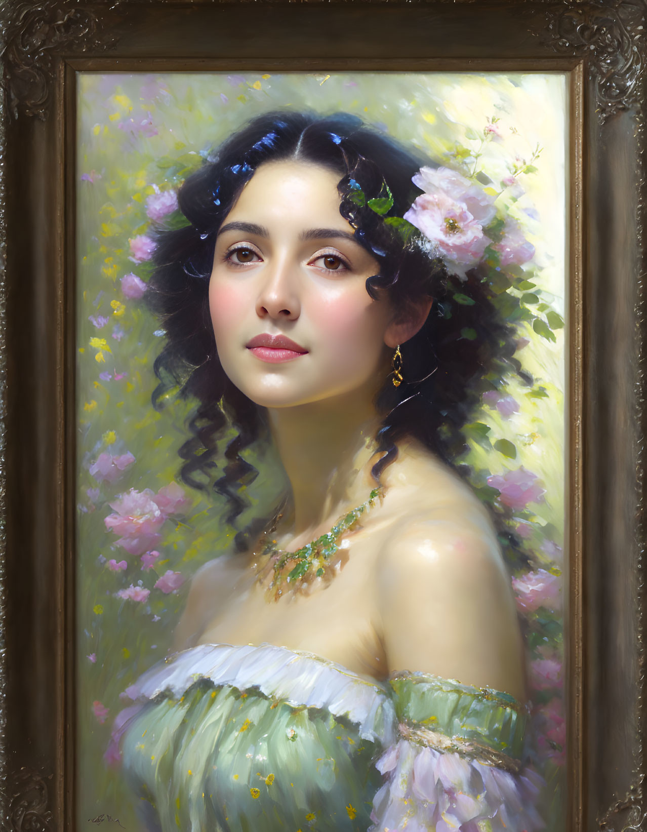 Woman's portrait with floral wreath in soft pastel colors and delicate jewelry