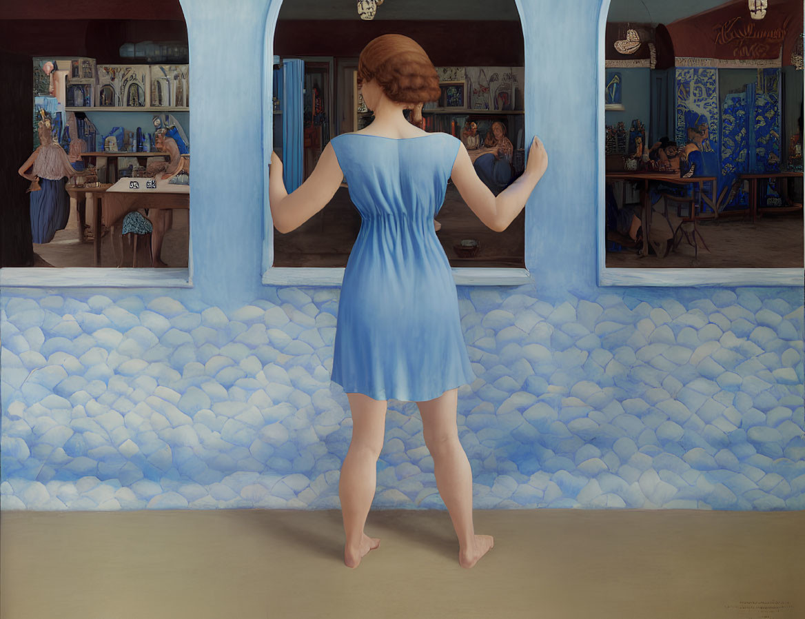 Woman in Blue Dress Observes Multiple Versions of Herself in Surreal Setting