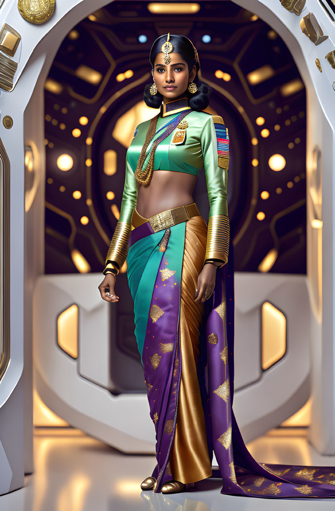 Futuristic Indian-inspired woman in spaceship corridor