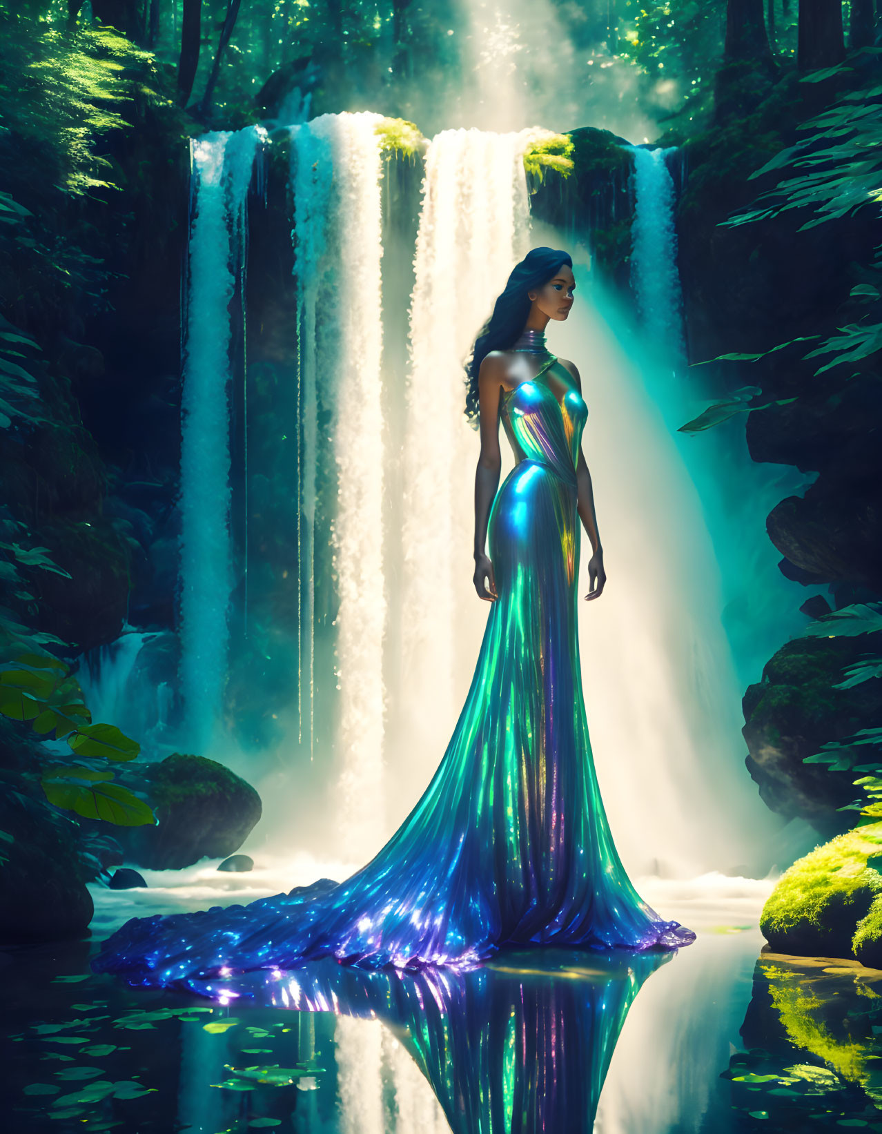 Woman in iridescent dress near glowing waterfall in serene forest