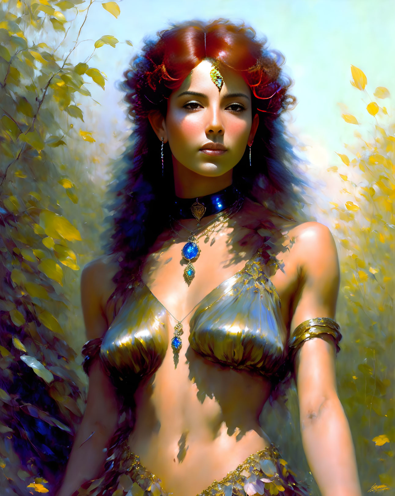 Red-haired woman in golden headpiece and jewelry among autumn leaves.