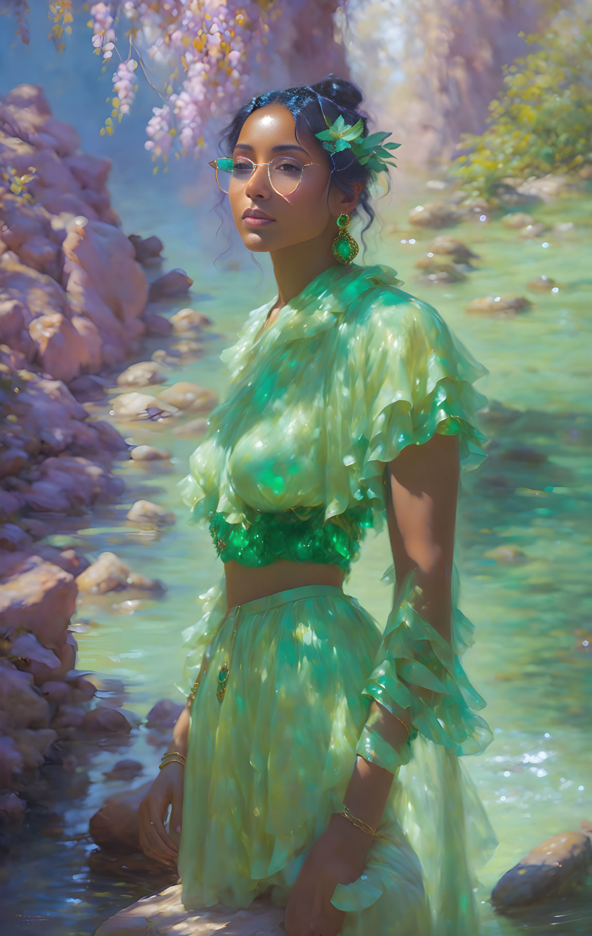 Woman in Green Dress by Creek with Blooming Trees and Rocks