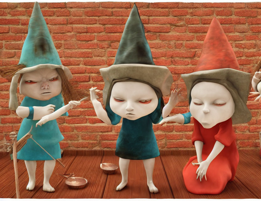 Three Animated Witches with Pointy Hats Against Brick Wall