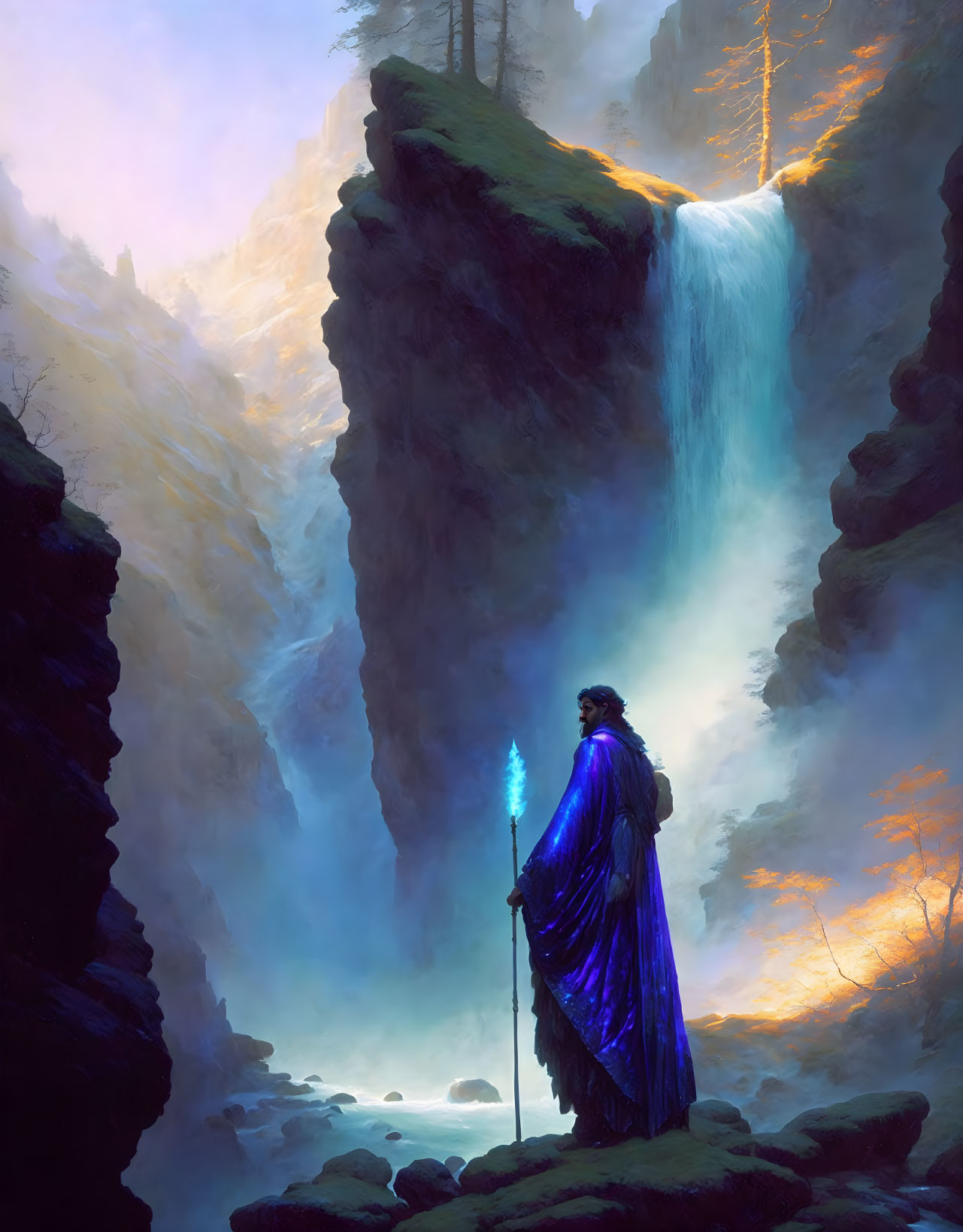 Majestic figure in blue cloak with glowing staff at ethereal waterfall