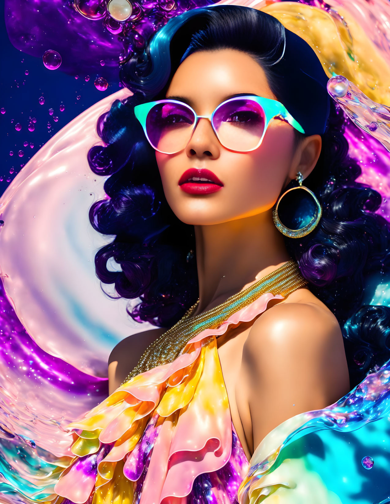 Vibrant portrait of stylish woman with sunglasses in colorful liquid swirls