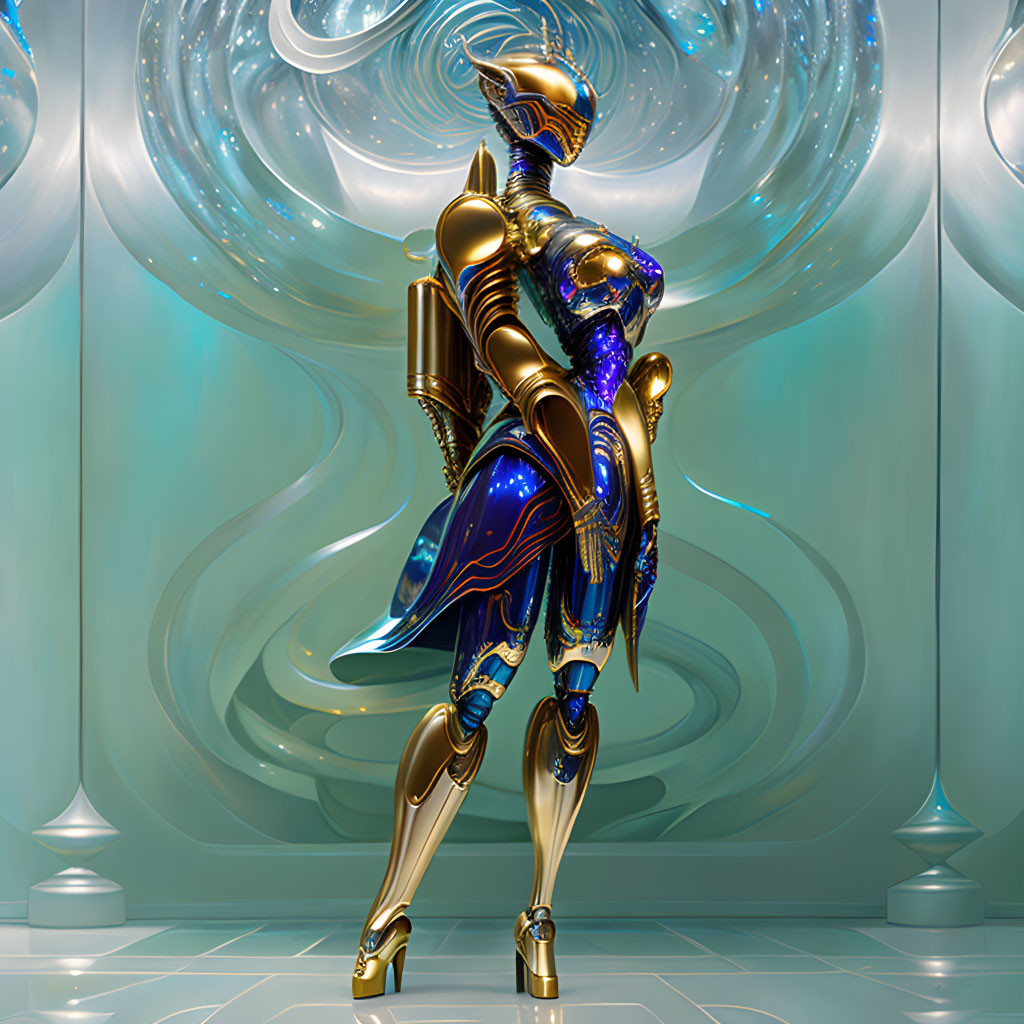 Futuristic humanoid robot in golden and blue colors standing in metallic-patterned room