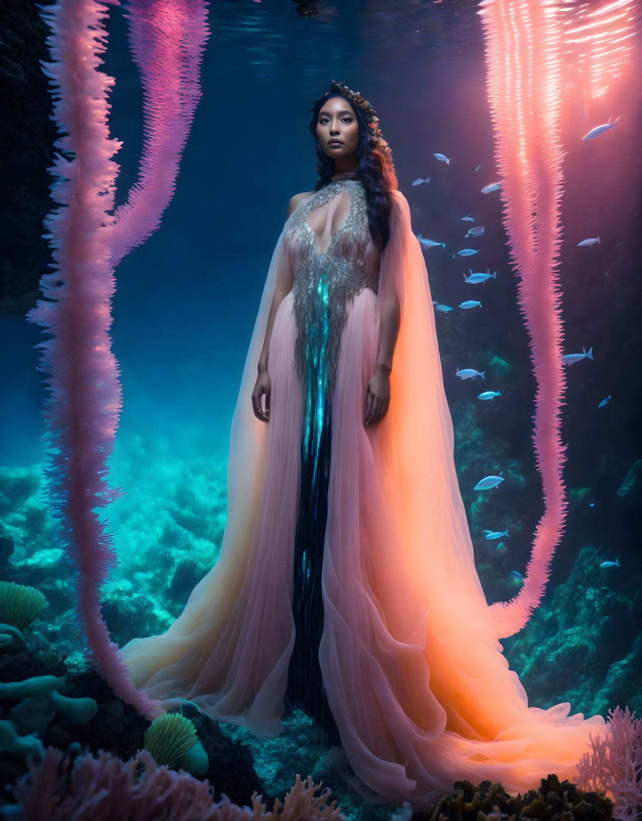 Woman in ethereal gown underwater with coral and fish in serene blue glow