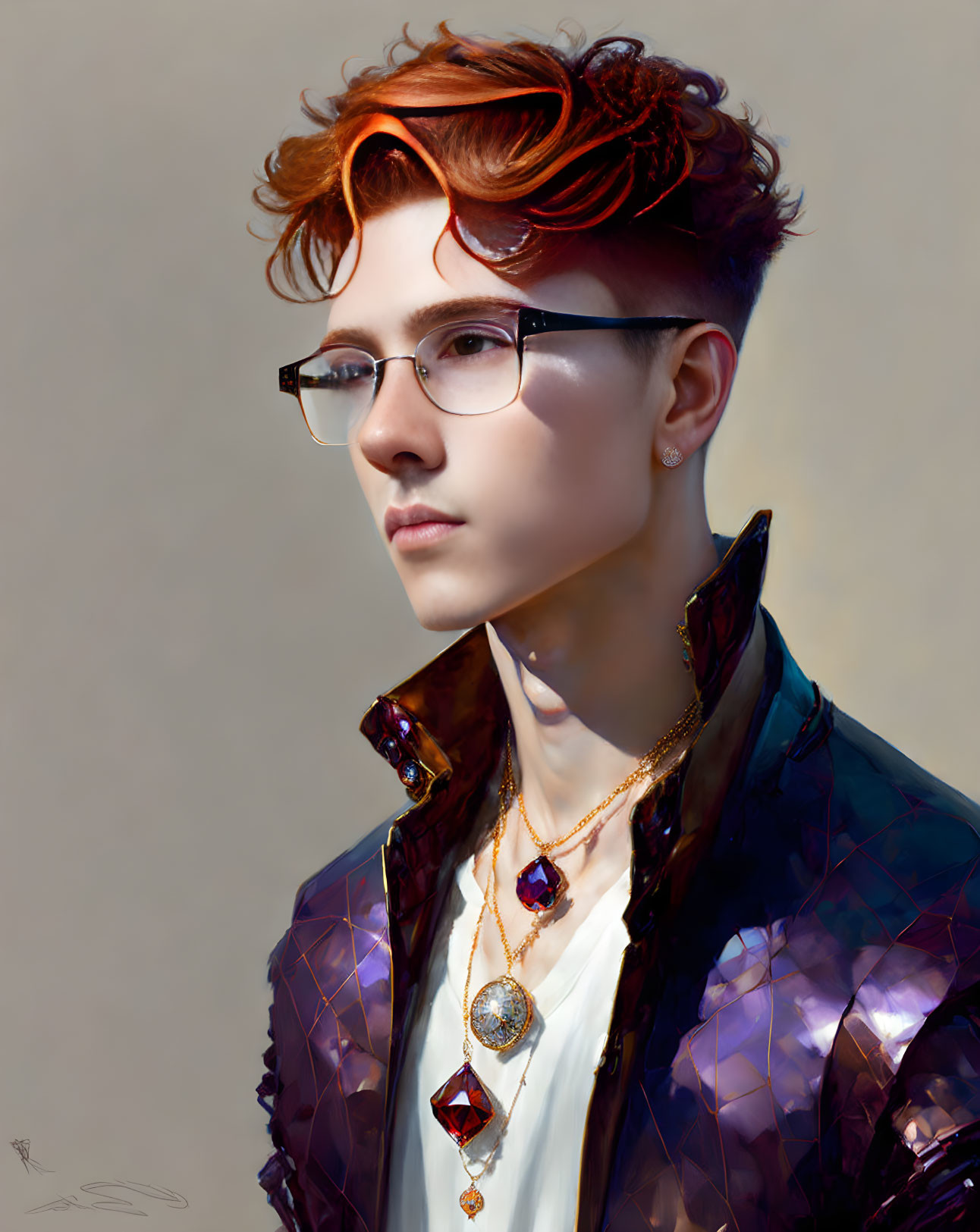 Fashionable individual in red hair and glasses, sporting geometric-patterned jacket and white shirt with necklace.