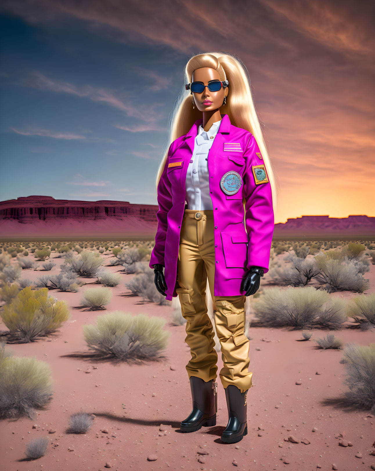 Stylized doll in desert with pink jacket, sunglasses, and scenic backdrop