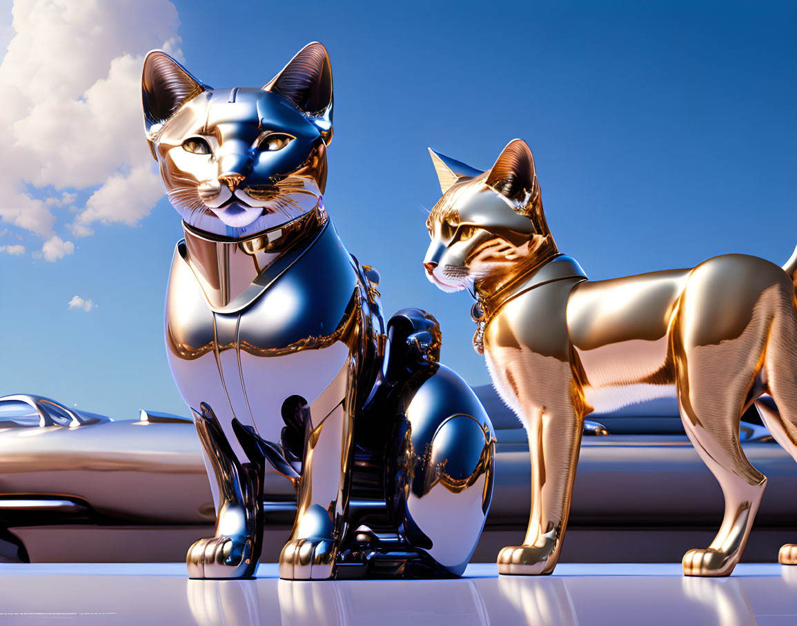 Reflective Metallic Cats Against Sky Backdrop