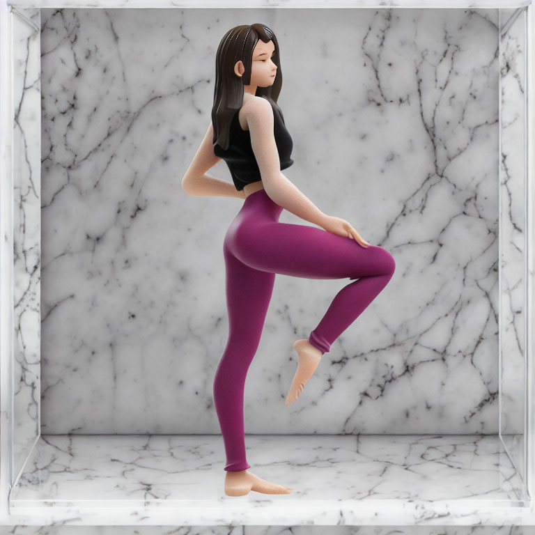 3D animated female character in yoga pose with marble background