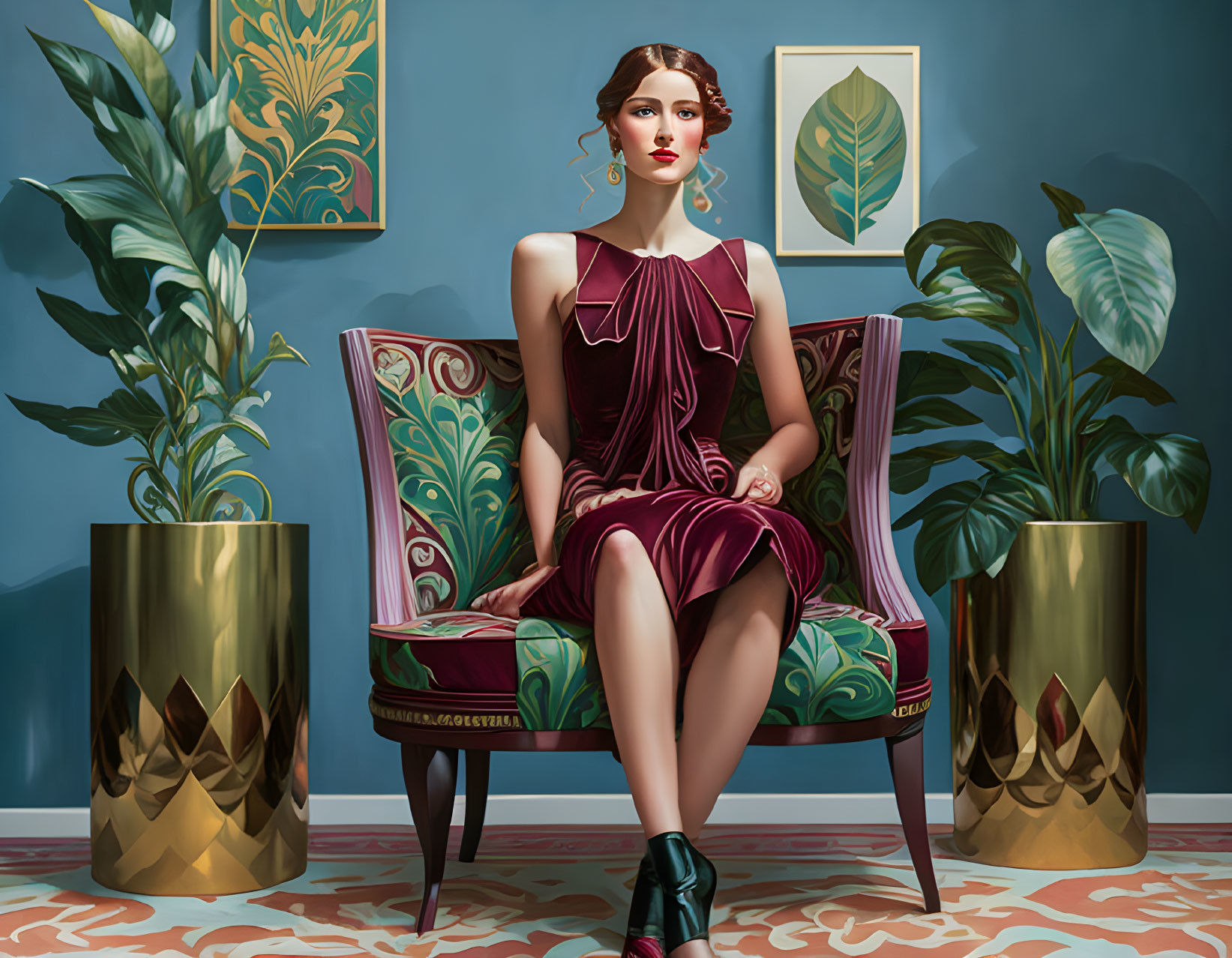 Stylish woman in burgundy dress on ornate chair with potted plants, teal background