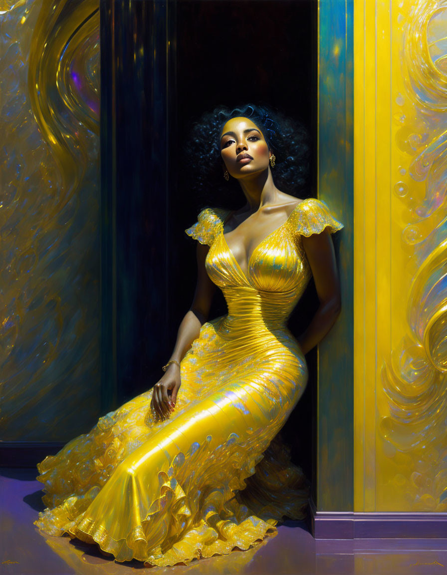 Elegant woman in yellow ruffled dress poses dramatically between golden ornate doors