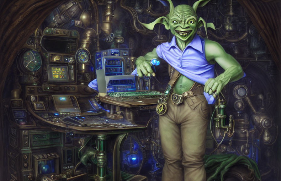 Green-skinned character with orb and sword at futuristic control panel