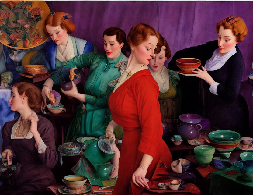 Six women in vintage clothing with colorful pottery and bowls.