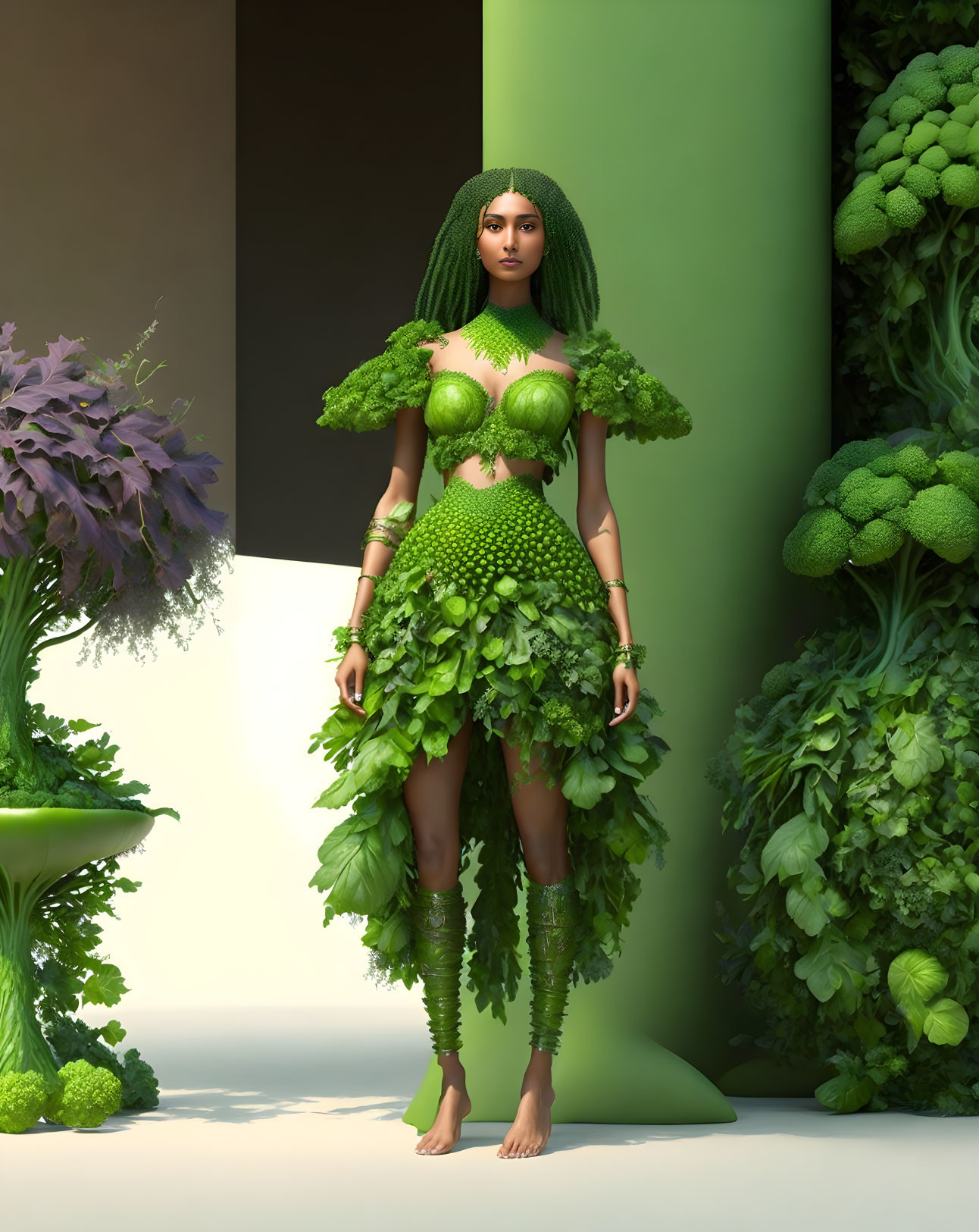 Digital Artwork: Woman with Green Hair in Vegetable Dress