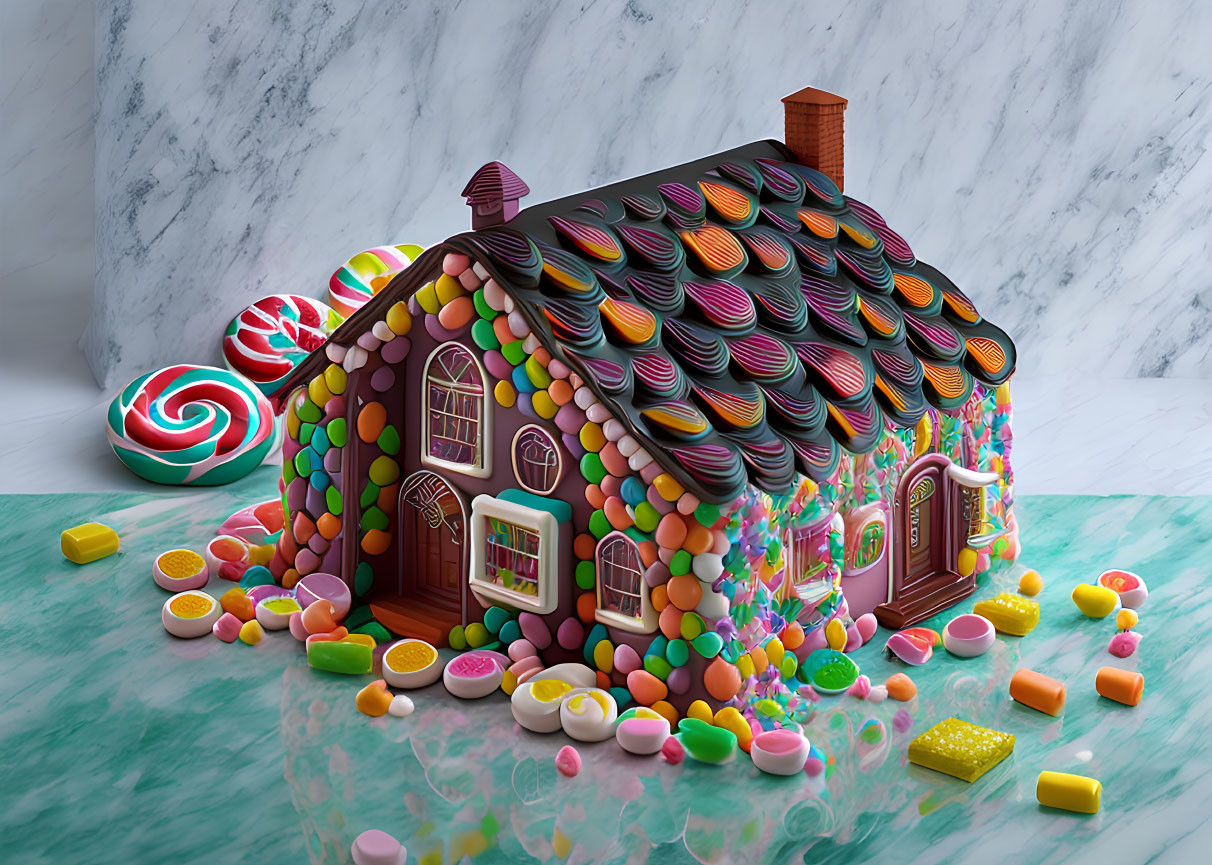 Colorful Candy Decorated Gingerbread House on Marbled Surface