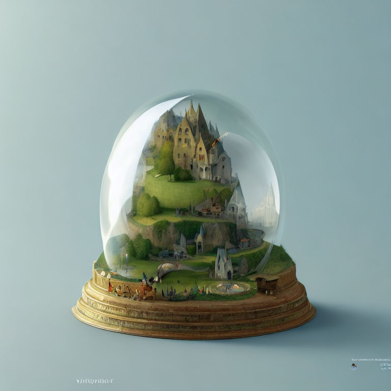 Miniature Fantasy Village Encased in Glass Dome on Gold-Toned Base