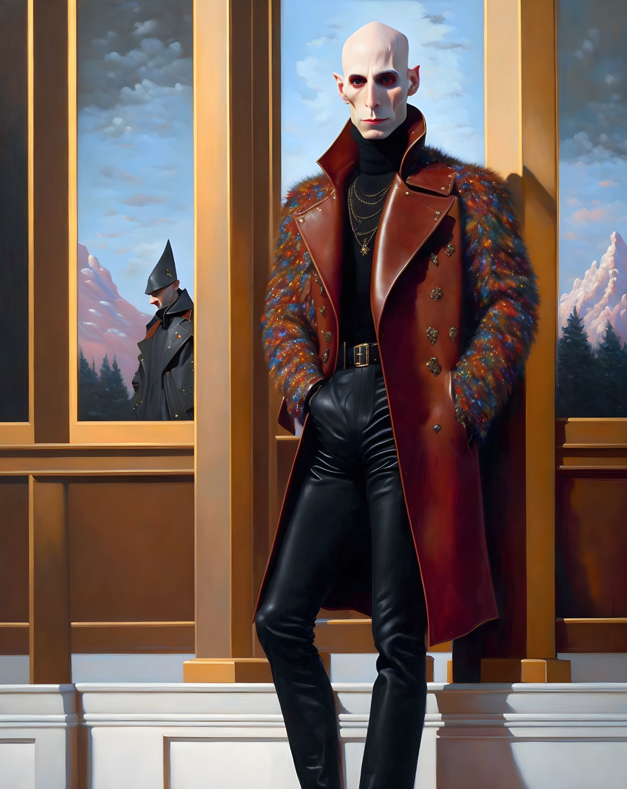 Stylized painting of bald person in fur coat by windows