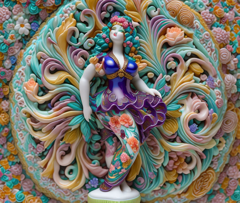 Colorful Ceramic Sculpture of Woman in Traditional Attire with Floral Background