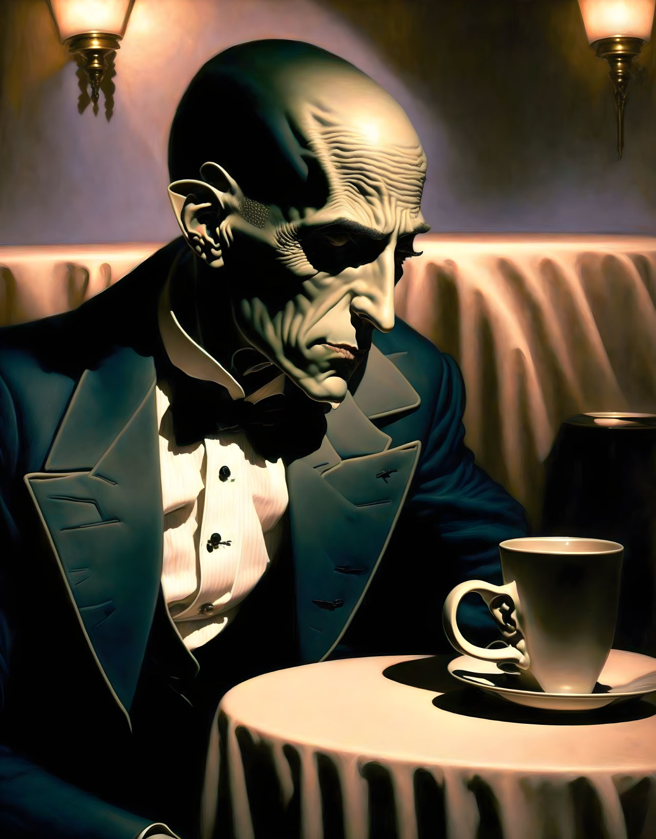 Pensive skeletal gentleman in suit with coffee at table