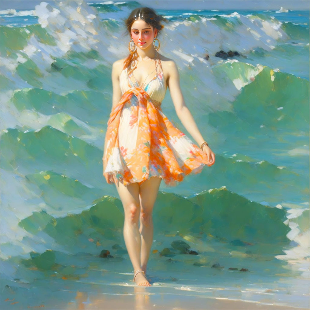 Woman in flowing dress on beach with waves and sunlight highlighting serene expression