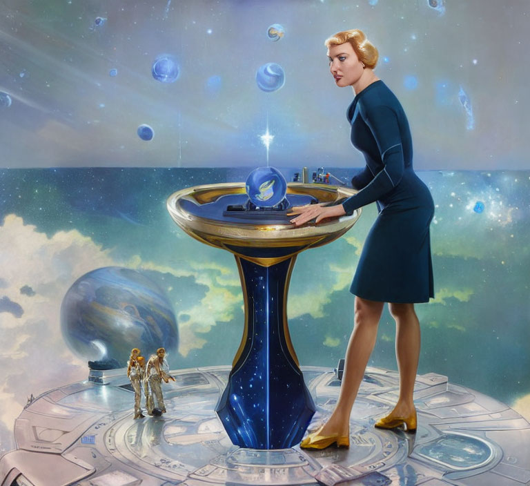 Futuristic stylized artwork with woman, holographic interface, orbs, and miniature figures