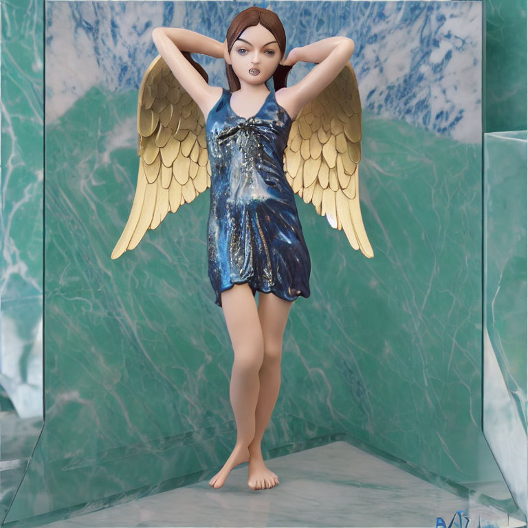 Female character figurine in blue and gold dress with wings on marbled background