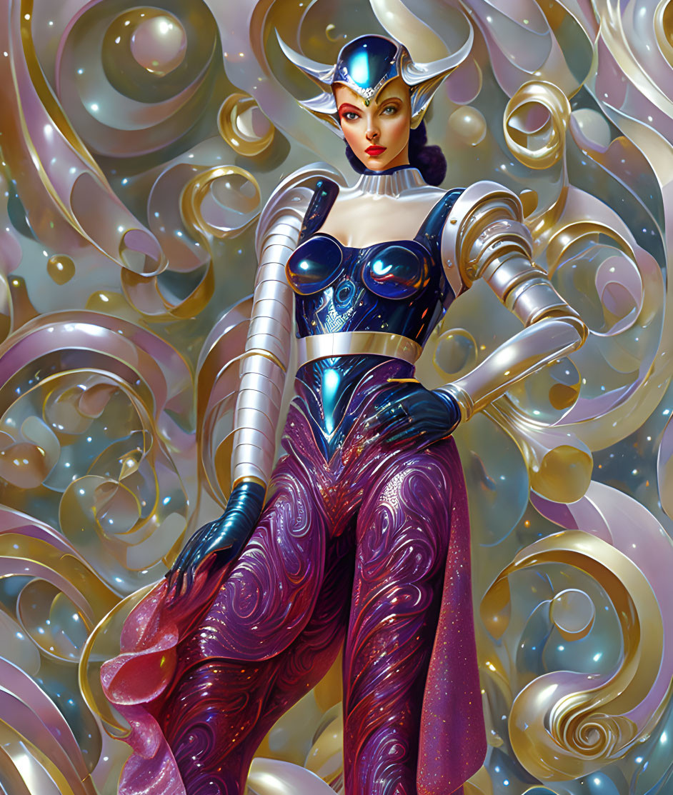 Futuristic female character in silver and purple armor with elegant headgear