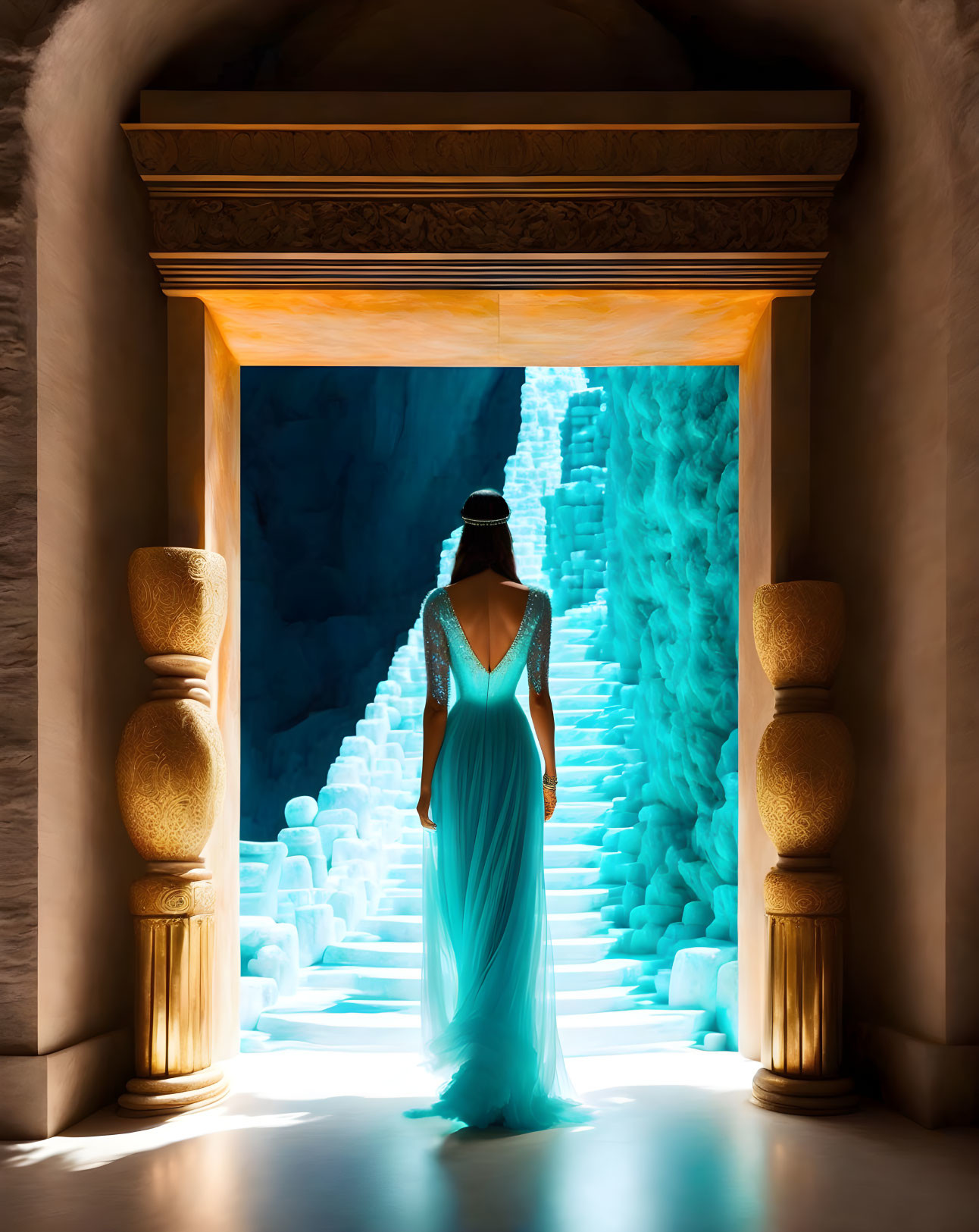 Silhouette of Woman in Flowing Dress by Ornate Archway with Blue-lit Crystal Stair