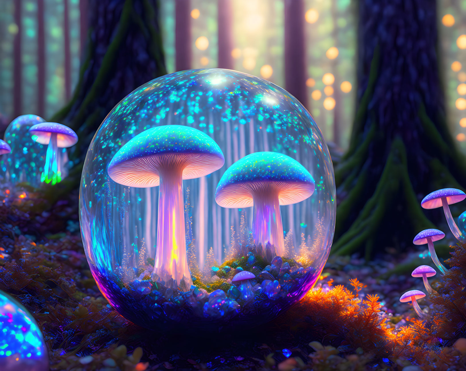 Luminescent mushrooms in transparent bubble in enchanted forest