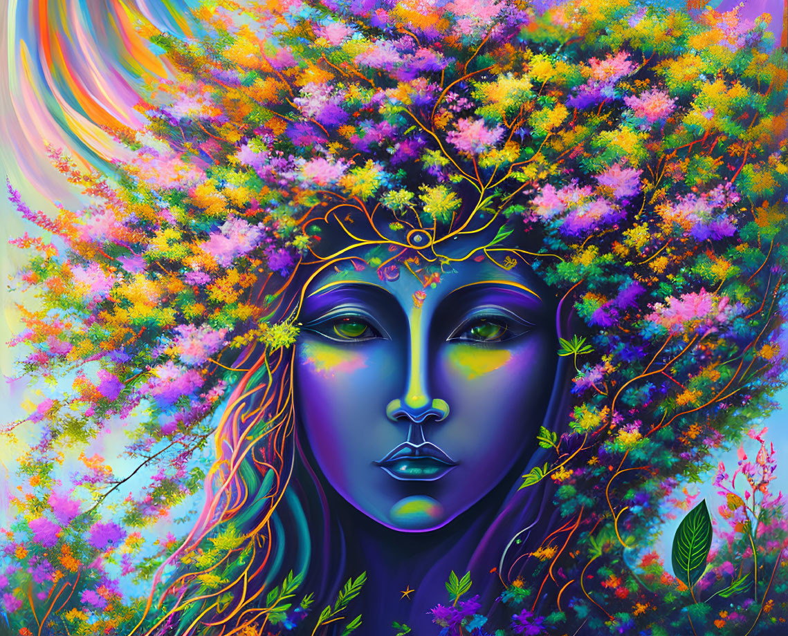 Colorful portrait of feminine figure with floral headpiece and cosmic background.