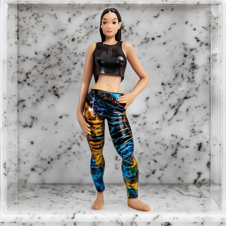 Black Top Doll with Patterned Leggings on Marble Backdrop