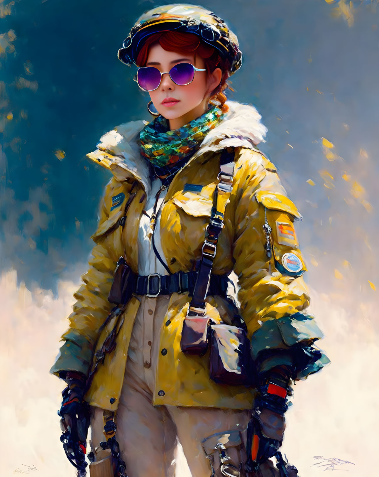 Fashionable individual in yellow winter jacket and purple sunglasses with bag.