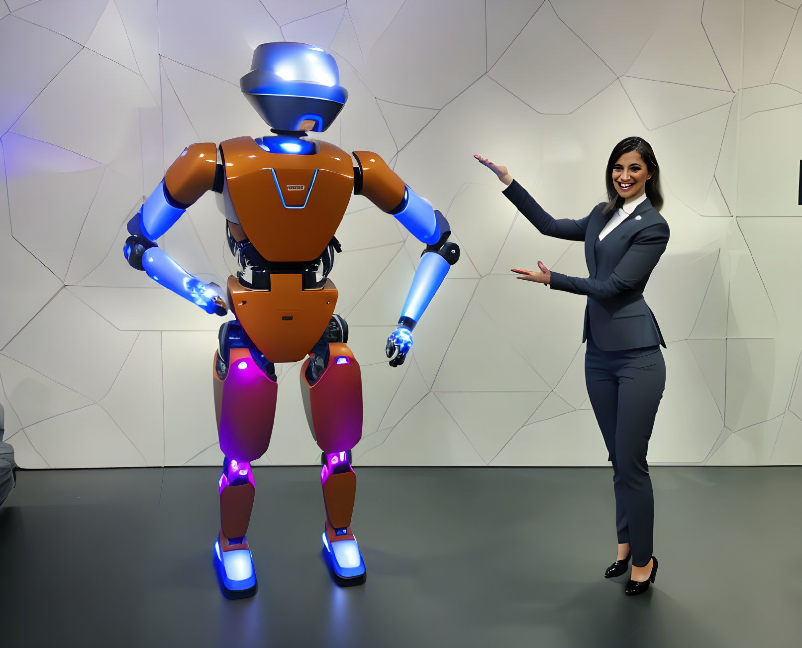 Smiling woman presenting advanced humanoid robot in modern room