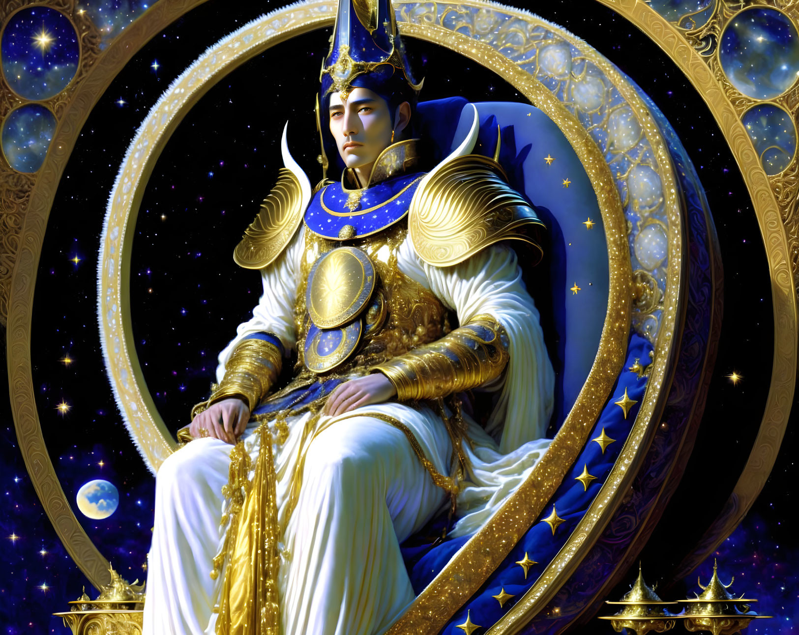 Regal figure in golden armor on crescent moon throne astral backdrop