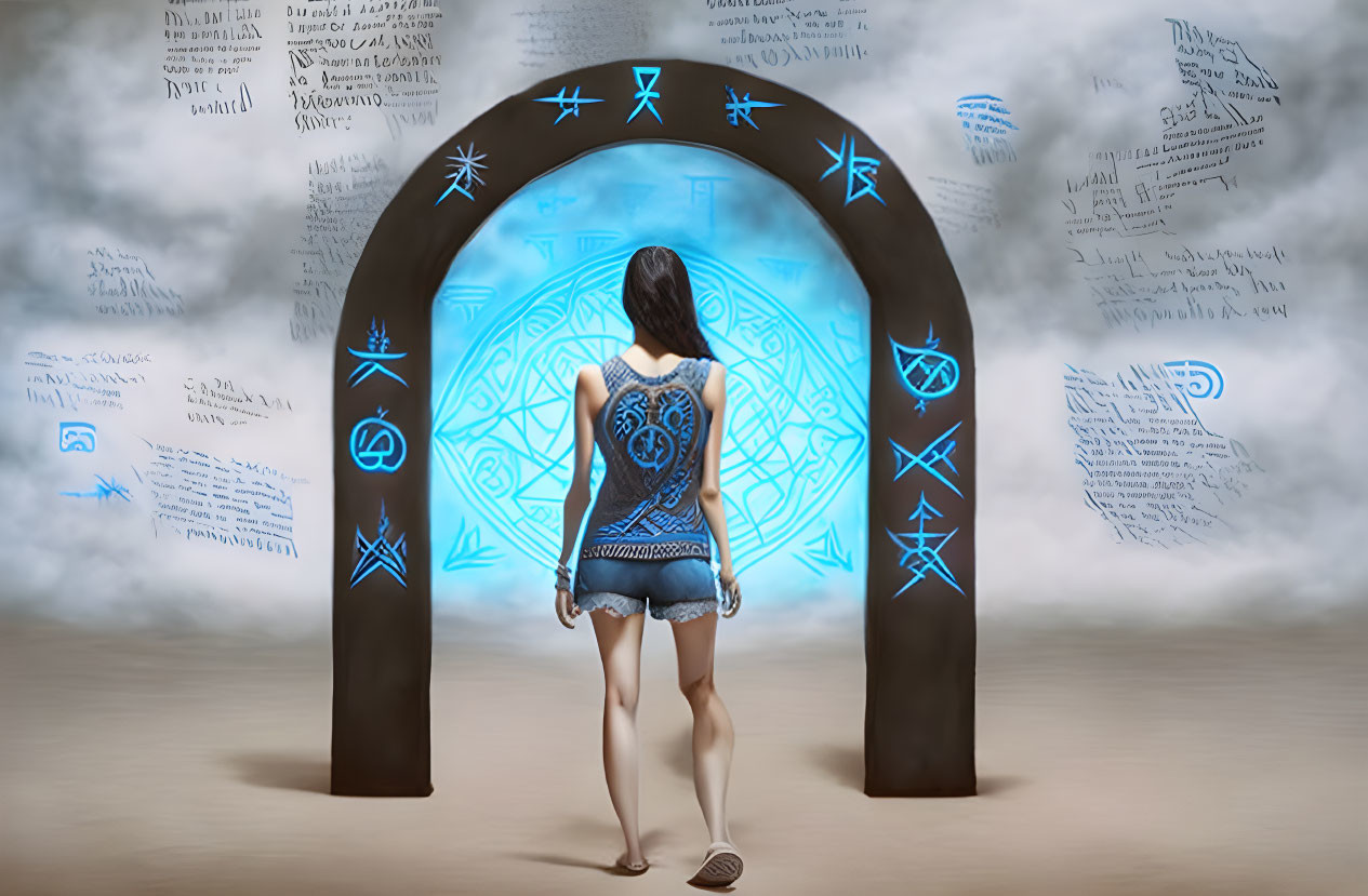 Mystical archway with glowing runes and floating mathematical equations