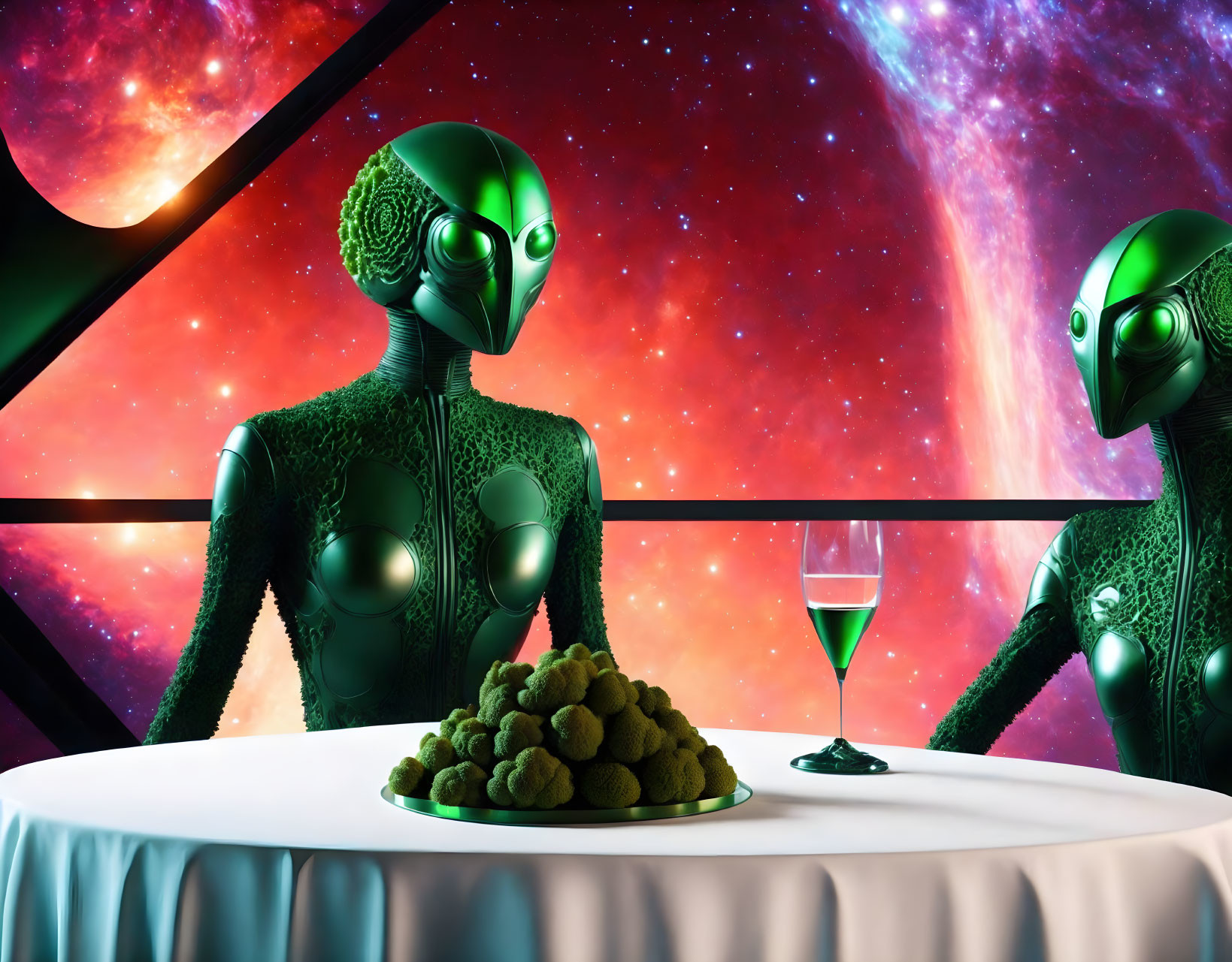 Green metallic humanoid robots with cosmic background and food table