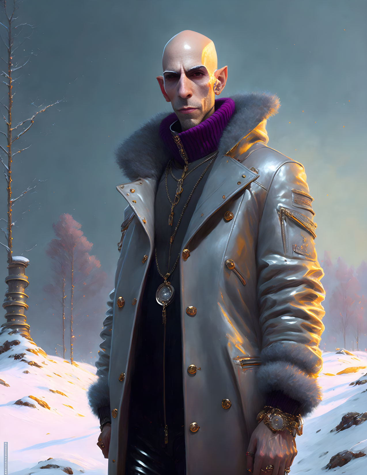 Bald man in silver coat and purple turtleneck in snowy forest.