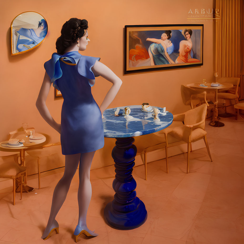 Illustration of woman in blue dress in cafe with orange walls and coffee table